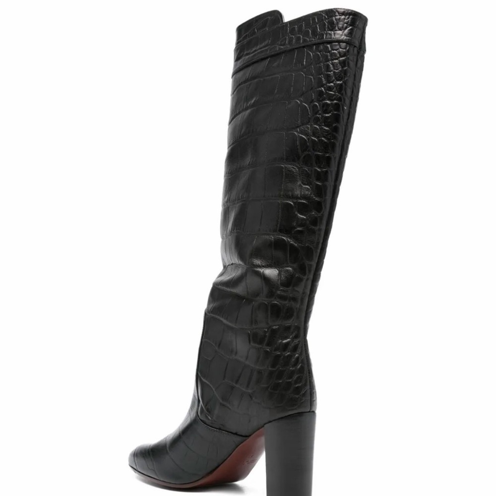 Chie Mihara leather Black Croc-Embossed Knee high Block Heel Boots - Picture 3 of 7